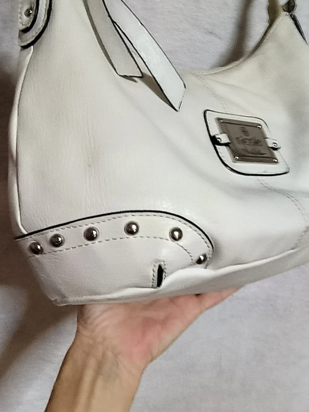 Nicole Lee White Leather Hobo Shoulder Bag with Metal Logo Plaque